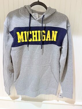 Knights Apparel Grey Hoodie with Navy Panel and Yellow Michigan Logo